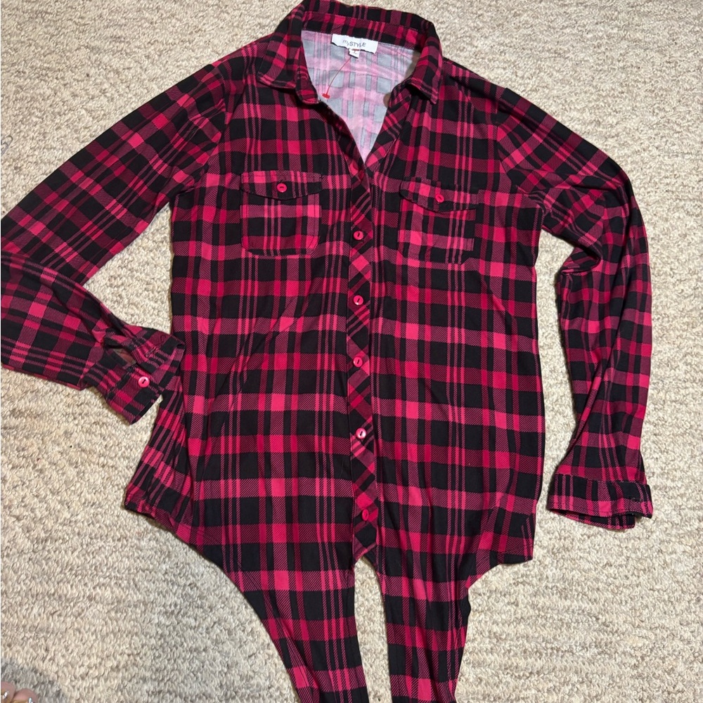 My Style Plaid Button-Up Shirt - Dark Pink and Black - Picture 13 of 13